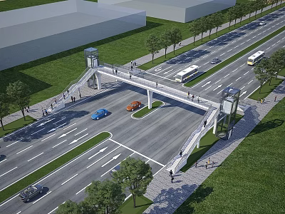 Urban Road Infrastructure With Pedestrian Overpass Vehicles Buses Pedestrians And Green Belts 3d model