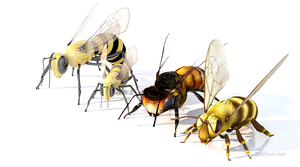 Realistic Flying Animals Bees With Transparent Wings And Black Yellow Stripes 3d model 