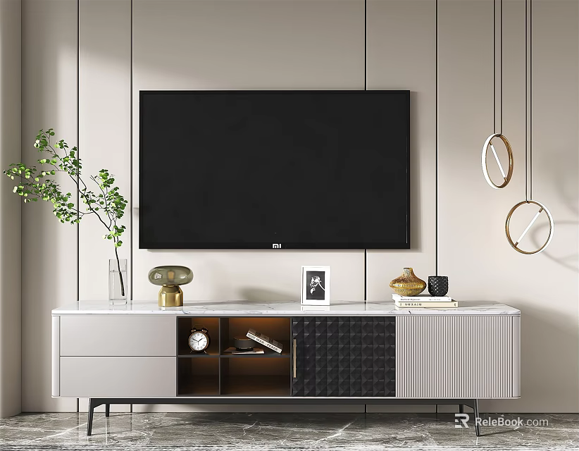 Modern TV Stand With TV Green Plant Decorative Items And Hanging Round Mirrors 3d model 