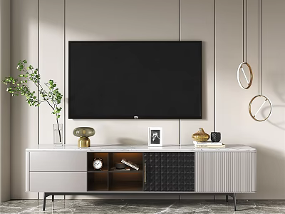 Modern TV Stand With TV Green Plant Decorative Items And Hanging Round Mirrors 3d model