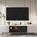 Modern TV Stand With TV Green Plant Decorative Items And Hanging Round Mirrors
