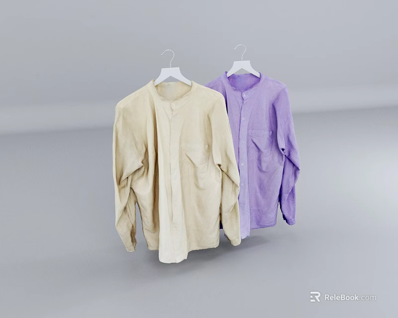 Beige and Purple Long Sleeve Clothes on White Hangers with Pockets Against Gray Background 3d model 