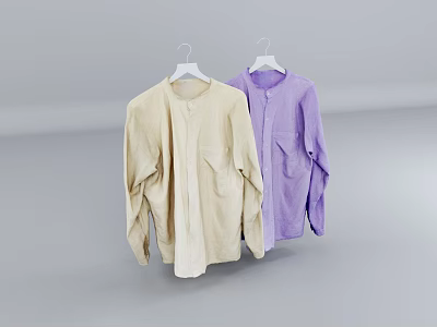 Beige and Purple Long Sleeve Clothes on White Hangers with Pockets Against Gray Background 3d model