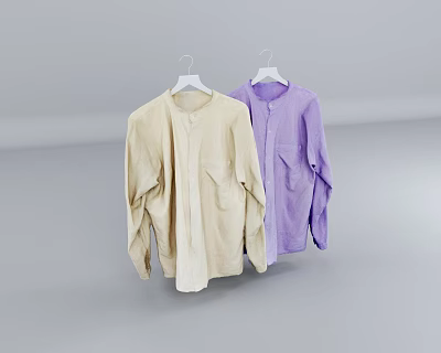 Beige and Purple Long Sleeve Clothes on White Hangers with Pockets Against Gray Background 3d model