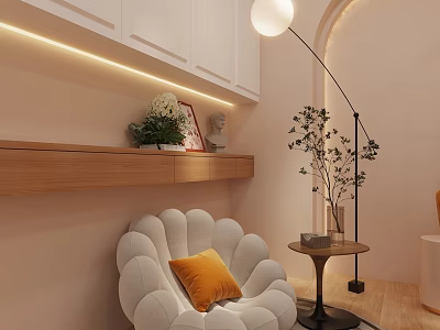 Light Toned Public Office Space With Comfortable Chair Orange Cushion Wooden Shelf Green Plants And Floor Lamp 3d model