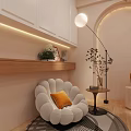 Light Toned Public Office Space With Comfortable Chair Orange Cushion Wooden Shelf Green Plants And Floor Lamp