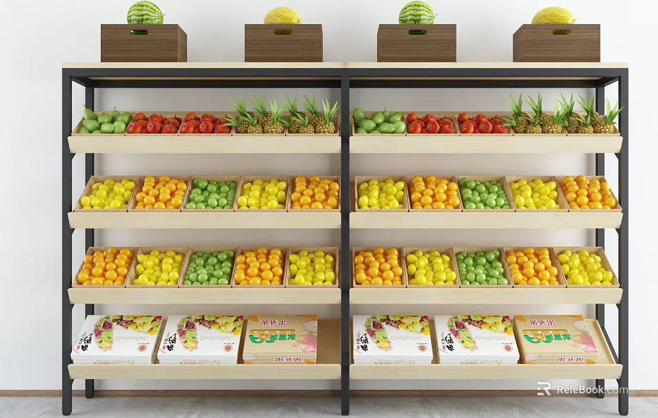 Organized Multi layer Display Shelves with Fresh Fruits and Boxes 3d model 