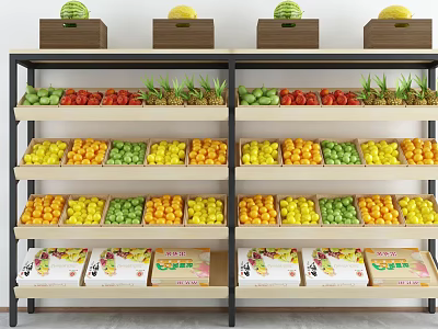 Organized Multi layer Display Shelves with Fresh Fruits and Boxes 3d model