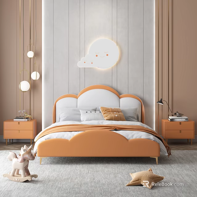 Cozy Kids Room Design With Cloud Shaped Headboard Orange White Cloud Lamp Nightstands And Toy 3d model 