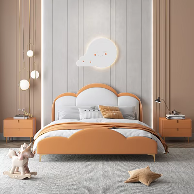 Cozy Kids Room Design With Cloud Shaped Headboard Orange White Cloud Lamp Nightstands And Toy 3d model