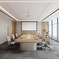 Modern Conference Room With Long Wooden Table Chairs Projection Screen And City View Through Windows