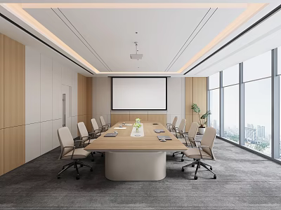 Modern Conference Room With Long Wooden Table Chairs Projection Screen And City View Through Windows 3d model