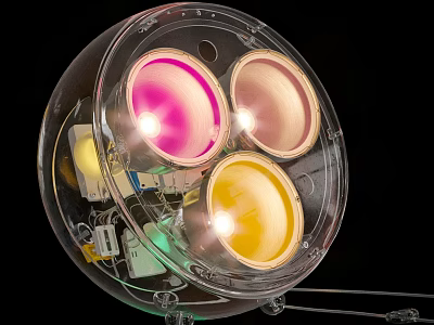 Transparent Table Lamp Featuring Colorful Light Bowls And Visible Internal Components 3d model