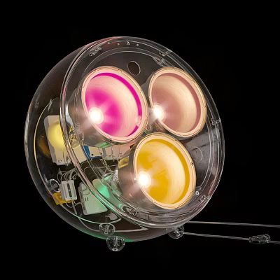 Transparent Table Lamp Featuring Colorful Light Bowls And Visible Internal Components 3d model