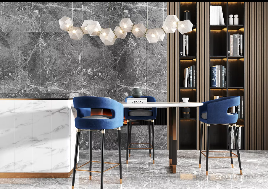 Stylish Bar with White Countertop Blue Stools Gray Marble Wall Wooden Bookshelves and Pendant Lights 3d model 