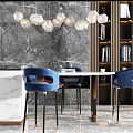 Stylish Bar with White Countertop Blue Stools Gray Marble Wall Wooden Bookshelves and Pendant Lights