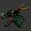 Game Movie Character Green Dragon Head With Golden Horns Red Eyes And Sharp Fangs
