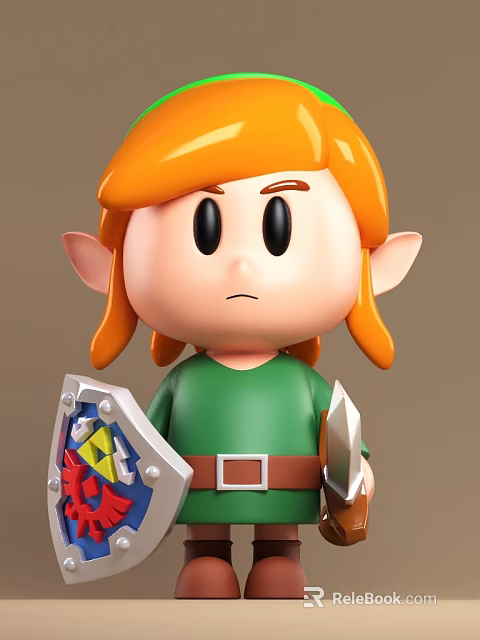 Cartoon Style Toy Figure With Orange Hair Large Ears Green Outfit Shield And Sword 3d model 