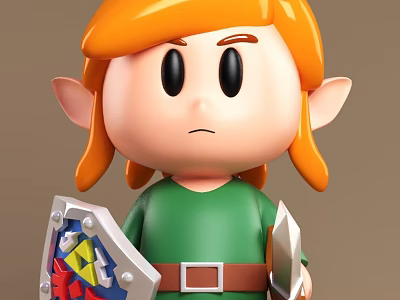 Cartoon Style Toy Figure With Orange Hair Large Ears Green Outfit Shield And Sword 3d model