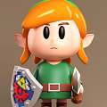 Cartoon Style Toy Figure With Orange Hair Large Ears Green Outfit Shield And Sword