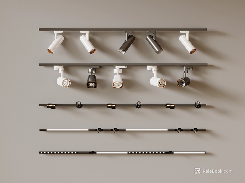 Modern Track Mounted Downlights And Spotlights With White Black Color Rails Design 3d model 
