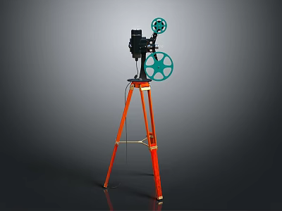 Vintage Commercial Film Projector On Orange Tripod With Green Reels For Professional Screening 3d model