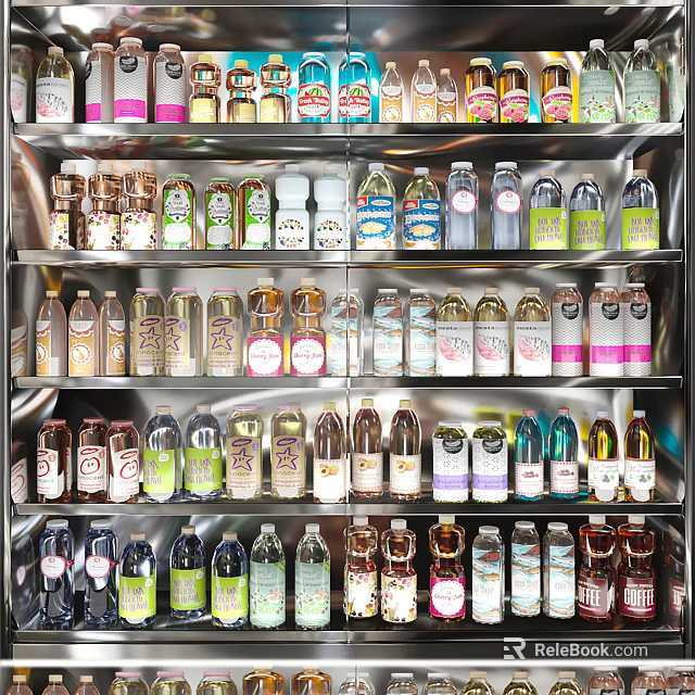 Assorted Bottled Beverages Displayed in Refrigerator with Various Flavors and Colors 3d model 