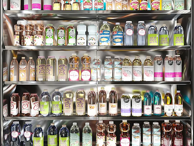 Assorted Bottled Beverages Displayed in Refrigerator with Various Flavors and Colors 3d model