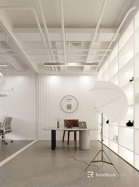 Modern Public Office Space With Open Layout White Ceiling Bookshelves Work Desk And Office Chairs 3d model 