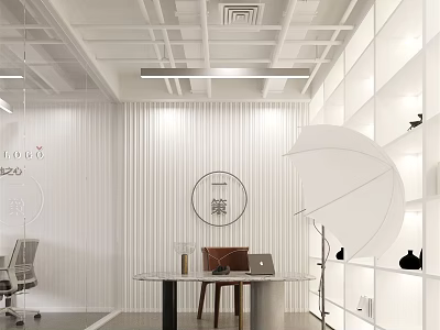 Modern Public Office Space With Open Layout White Ceiling Bookshelves Work Desk And Office Chairs 3d model
