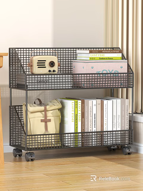 Modern Study Room Interior With Metal Wire Storage Rack Vintage Radio Books And Backpack 3d model 