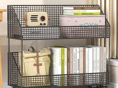 Modern Study Room Interior With Metal Wire Storage Rack Vintage Radio Books And Backpack 3d model