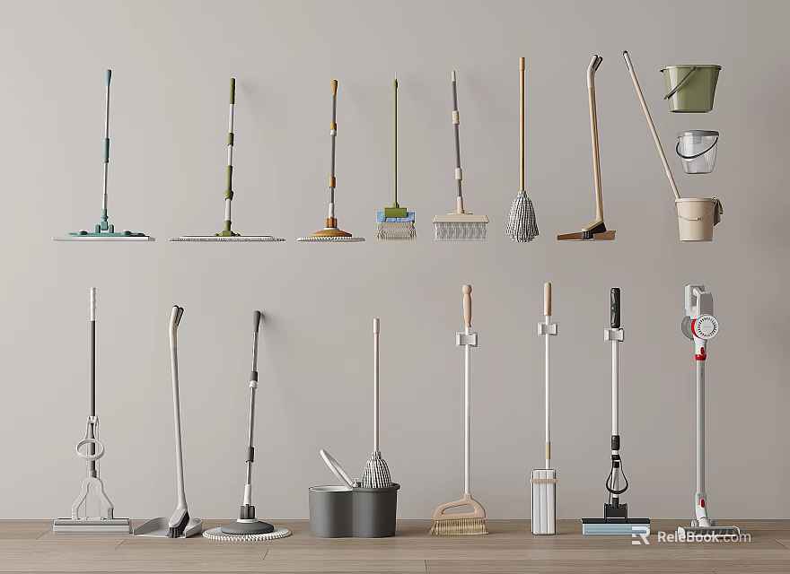 Various Cleaning Tools For Home Displayed On Wall 3d model 