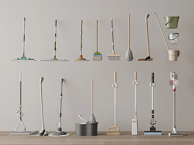 Various Cleaning Tools For Home Displayed On Wall 3d model