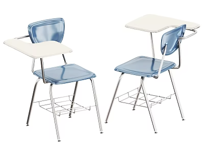 Student Desks With Blue Chairs White Tops And Metal Storage Racks 3d model