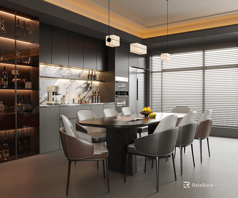 Modern Restaurant Interior With Dark Cabinets Marble Countertop Wine Display Dining Table And Chairs 3d model 