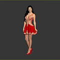 Woman In Red Dress With White Embroidery Long Hair And Red High Heels On Gray Background