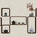 Wall Mounted Wooden Shelves With Teapot Vases And Potted Plant For Minimalist Home Decor