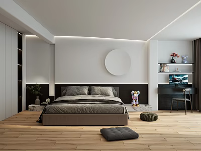 Modern Bedroom Interior Design With Cozy Bed Wooden Floor And Round Decorative Art 3d model
