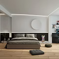 Modern Bedroom Interior Design With Cozy Bed Wooden Floor And Round Decorative Art