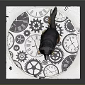 Black And Brown Dog Sitting On Round Surface With Gear And Clock Patterns 3d model