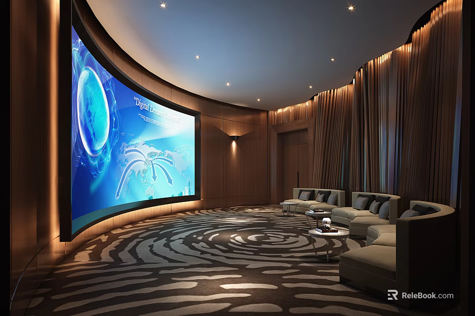Modern Home Theater Interior With Curved Large Screen Comfortable Sofas And Ambient Lighting 3d model