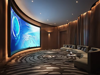 Modern Home Theater Interior With Curved Large Screen Comfortable Sofas And Ambient Lighting 3d model