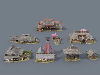 Traditional Japanese Architecture Models Featuring Wooden Houses Various Styles And Cherry Blossom 3d model