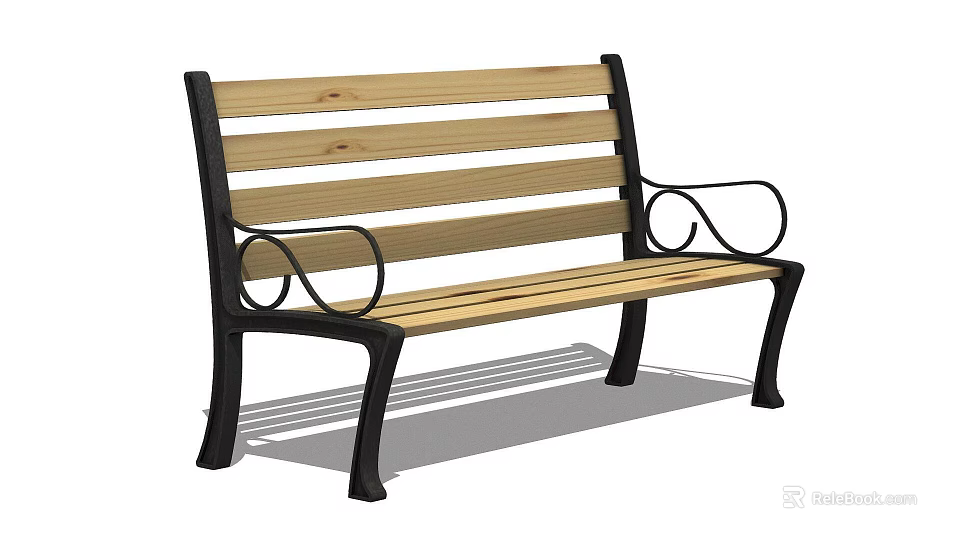 Modern Wooden Outdoor Bench with Black Metal Frame and Curved Armrests for Garden Use 3d model 