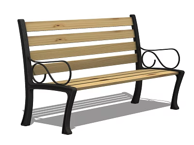 Modern Wooden Outdoor Bench with Black Metal Frame and Curved Armrests for Garden Use 3d model