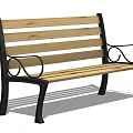 Modern Wooden Outdoor Bench with Black Metal Frame and Curved Armrests for Garden Use