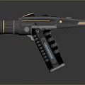 Futuristic Sci Fi Handgun Featuring Gold Accents Black Body And Blue Grip Design