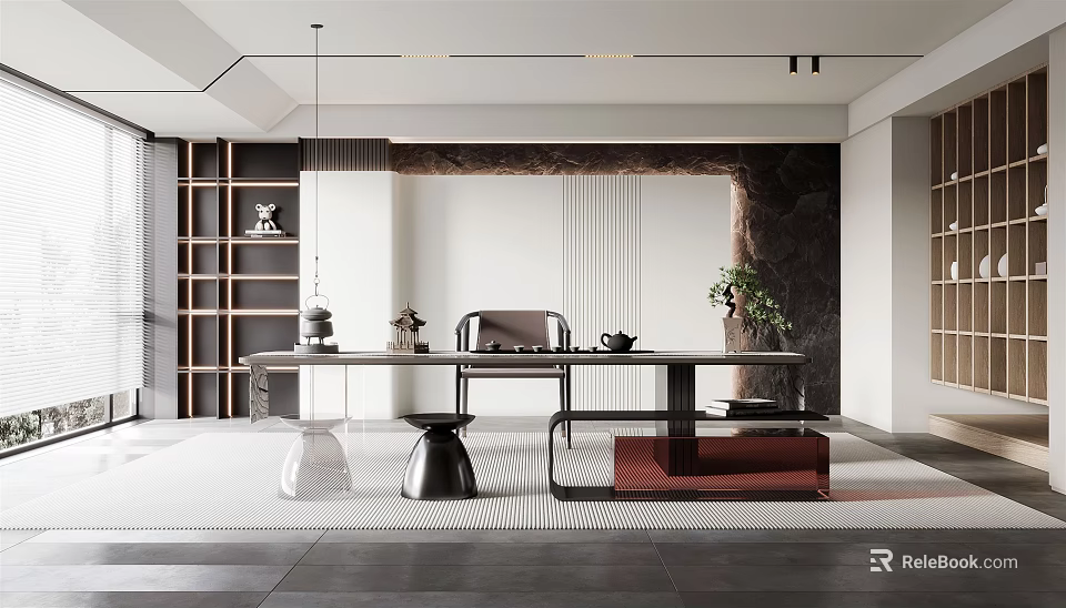 Modern Tea Room Interior Design With Long Table Chairs Tea Sets And Stone Feature Wall 3d model