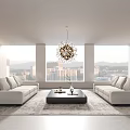 Modern Living Room Interior Design With Large Windows City View Chandelier And Sofas